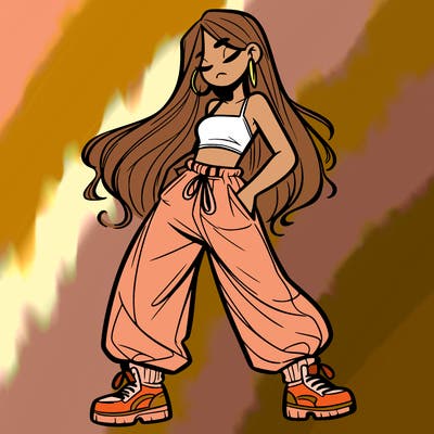 girl in baggy pants crop top and long hair