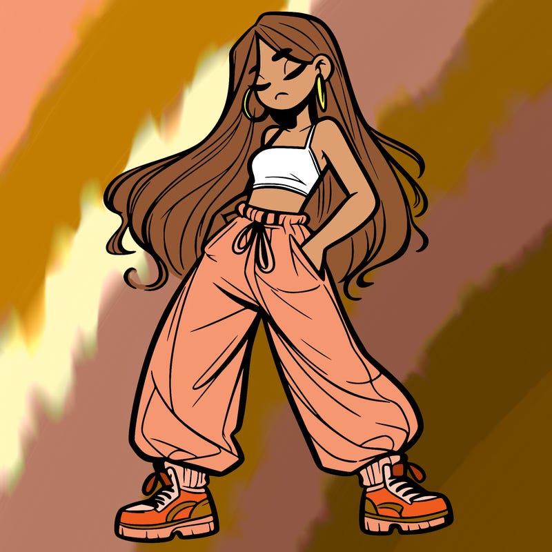 girl in baggy pants crop top and long hair