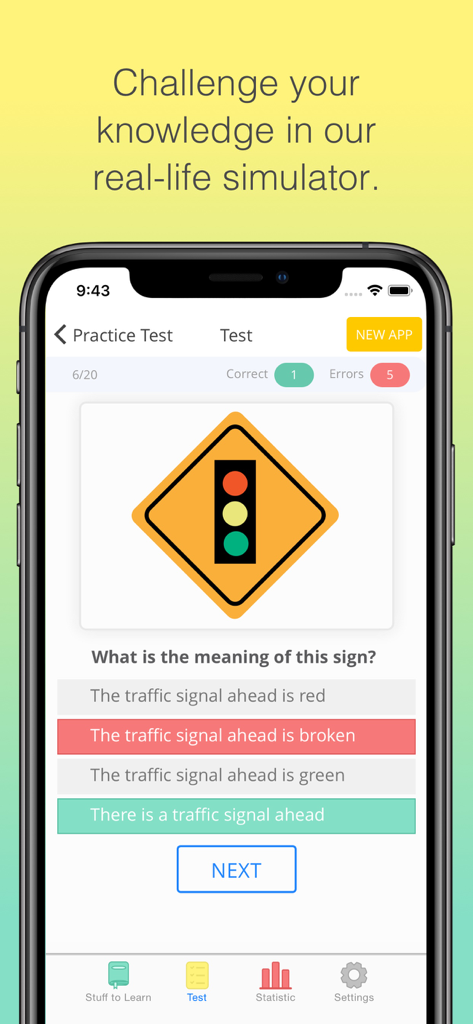 Pennsylvania DMV - Permit test - Screenshot of the Pennsylvania DMV Permit Test app showing a practice test question about a traffic signal sign.