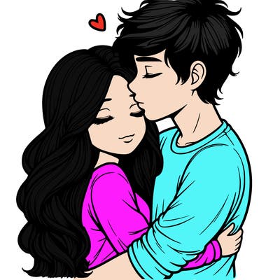 a realistic couple boy and girl hugging and kissing