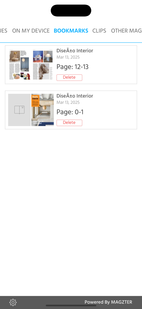 Diseño Interior - La pantalla de marcadores de la aplicación de la revista Diseño Interior mostrando páginas y portadas guardadas.