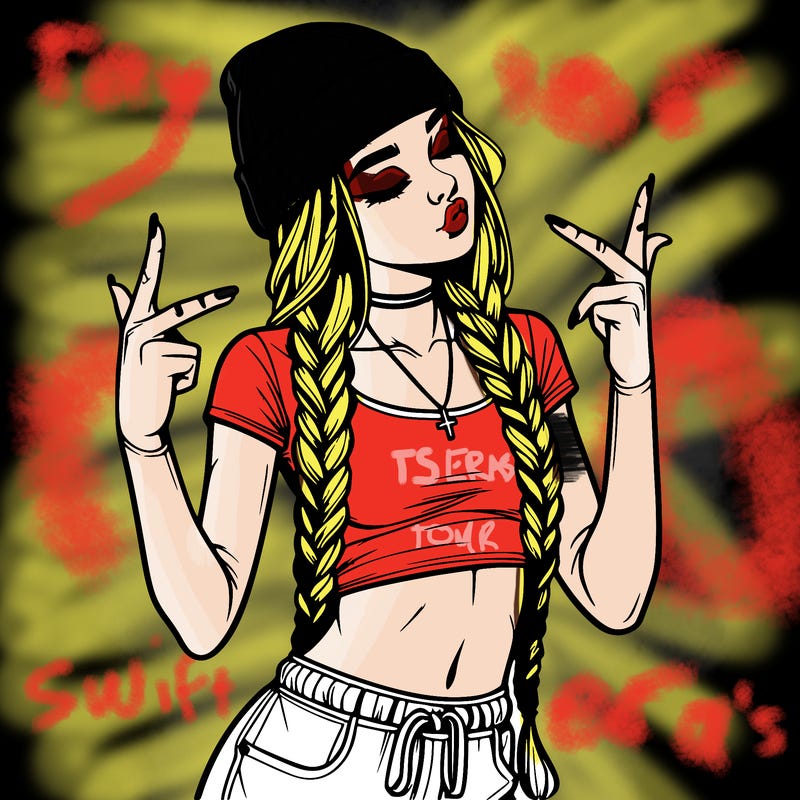 realistic teenage girl with braids and a beanie and crop top doing 🫶🏼