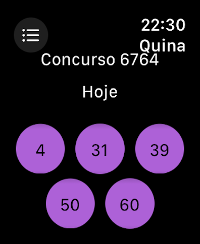 Mega Watch - Risultati della lotteria Quina che mostrano i numeri vincenti su una schermata di Apple Watch