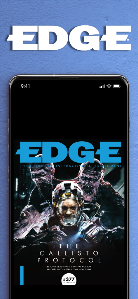 Una pantalla de smartphone que muestra la portada digital de la revista Edge con una historia sobre el juego The Callisto Protocol.