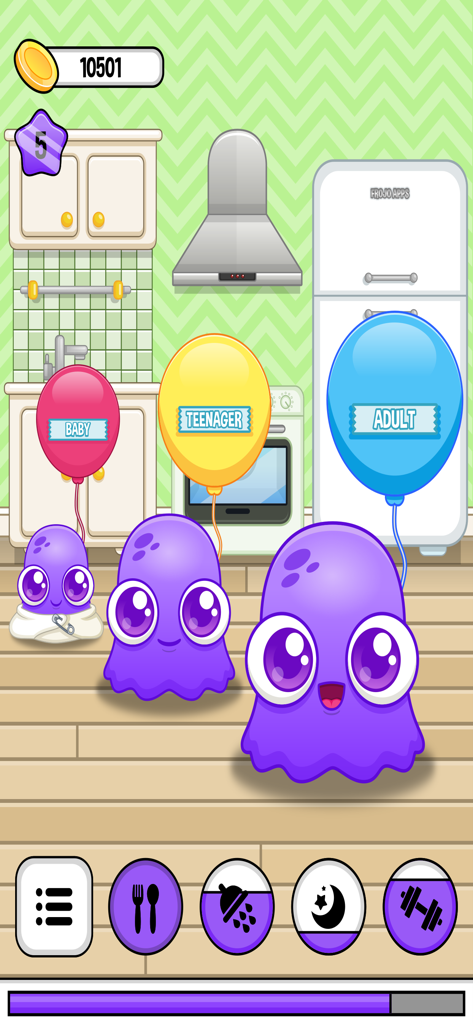 Moy 6 - Virtual Pet Game - Three purple Moy virtual pet characters shown at baby, teenager, and adult growth stages holding descriptive balloons in a kitchen.