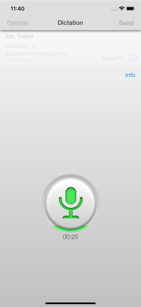Solventum™ Fluency™ Mobile App - Dictation screen of the Solventum Fluency Mobile app featuring a microphone icon and recording timer