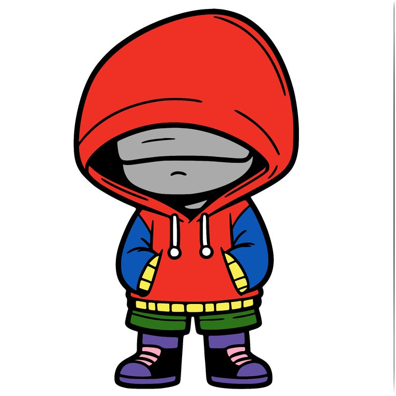 a boy wearing a hoodie that covers his eyes and shorts