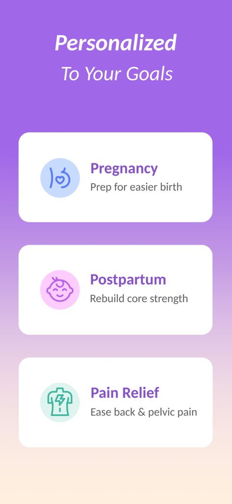 FitMama: Pregnancy Workout - Pantalla de la app FitMama mostrando opciones de metas personalizadas para la recuperación postparto del embarazo y alivio del dolor