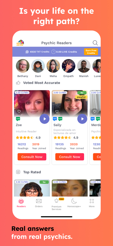 Interfaz de la aplicación Psychic Txt que muestra una lista de lectores psíquicos disponibles con sus calificaciones y especialidades