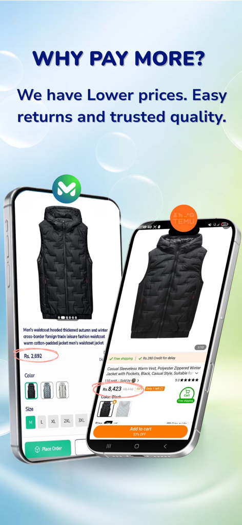 Markaz: Online Shopping & Earn - Markaz 앱이 Temu와 같은 경쟁 앱보다 훨씬 저렴한 가격으로 남성용 조끼를 제공하는 것을 보여주는 비교