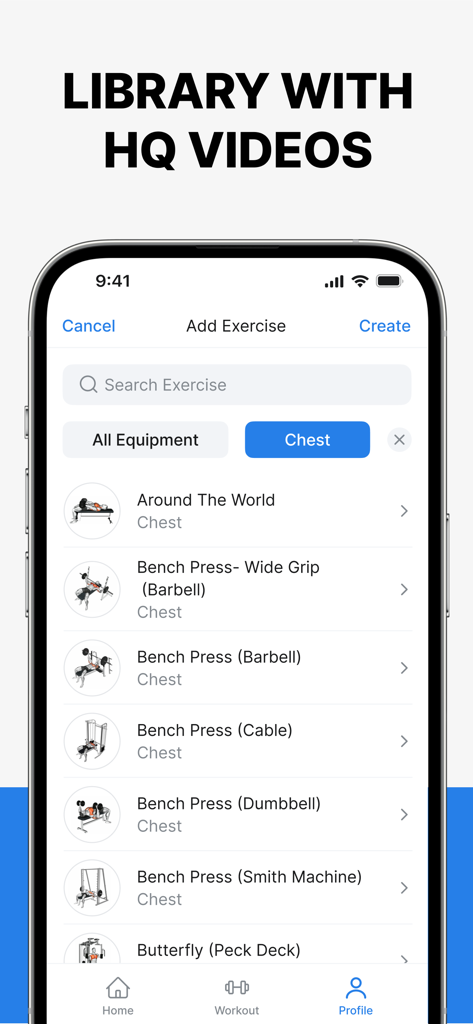 Hevy app exercise library showing a list of chest workouts.