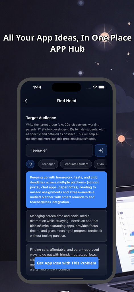 App Hub : Manage & Plan Apps - App Hub mobile interface showing AI-powered target audience analysis and problem identification for new app ideas