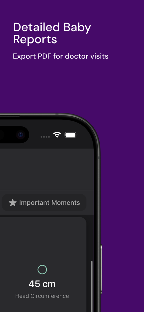 Baby Tracker – Feed & Sleep - Baby Tracker app interface showing detailed baby reports and PDF export feature for doctor visits