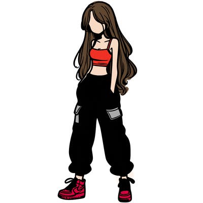 girl in baggy pants crop top and long hair