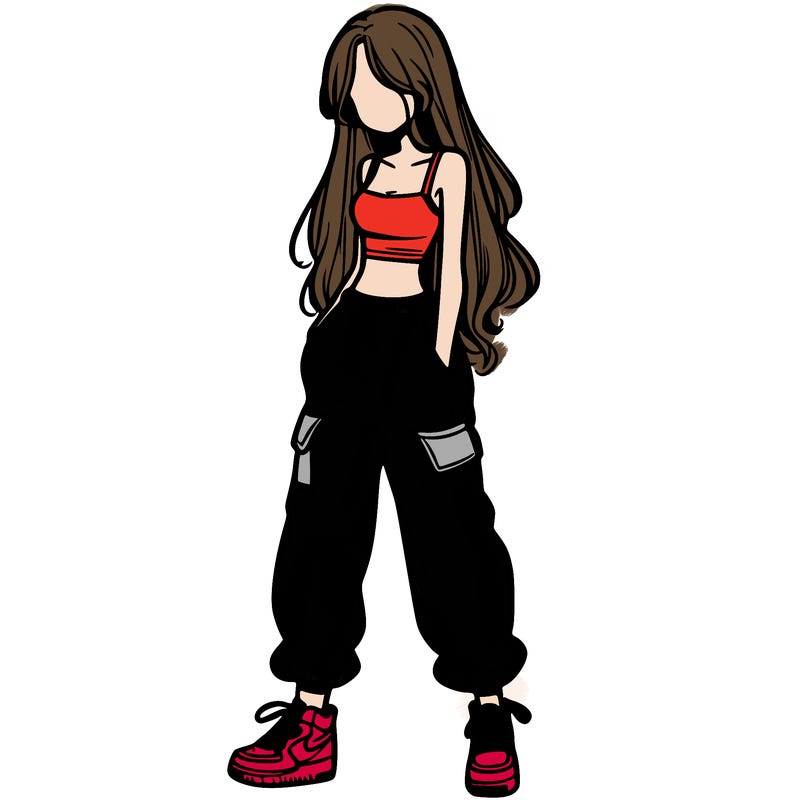 girl in baggy pants crop top and long hair