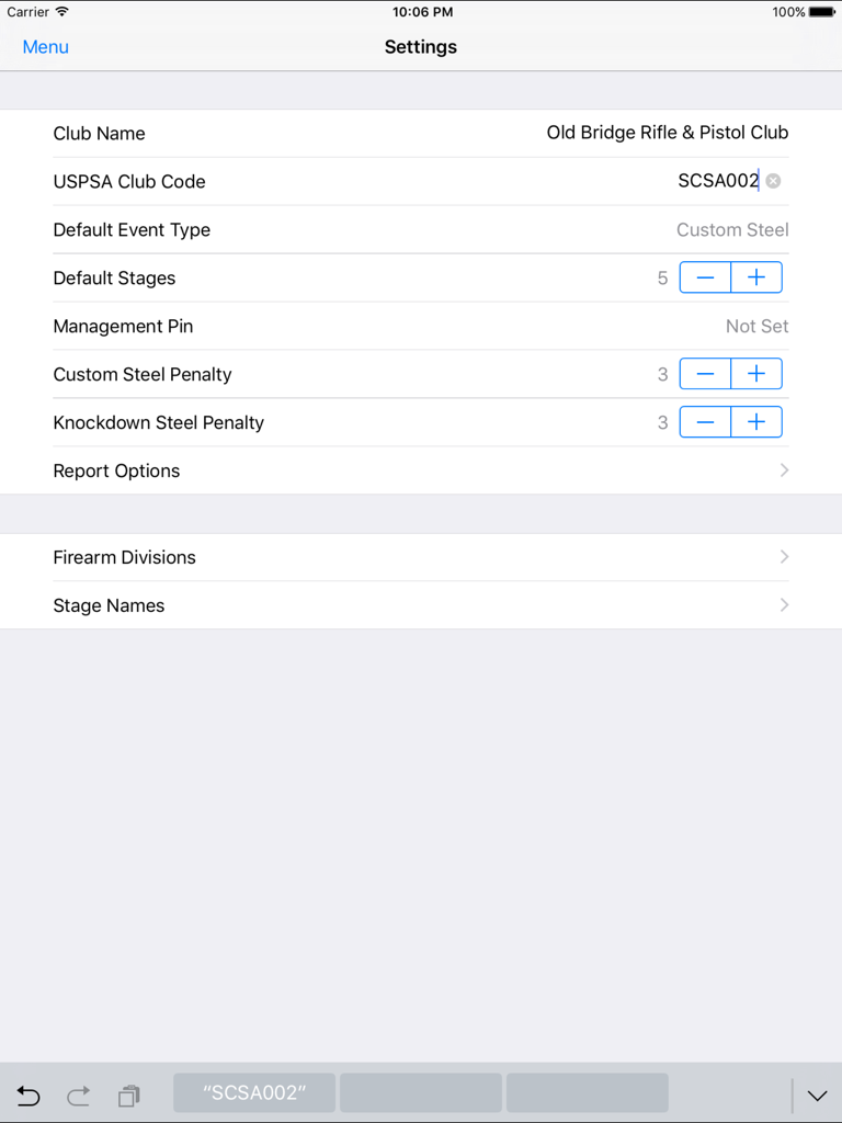 Steel Scoring - Settings screen of the Steel Scoring app showing club configuration and penalty settings