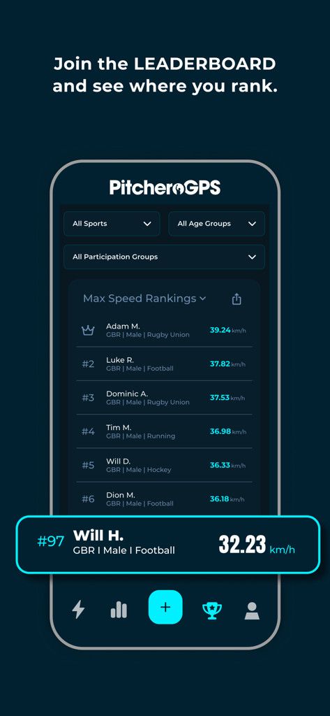 PitcheroGPS - Placar do aplicativo móvel PitcheroGPS mostrando classificações de velocidade máxima para vários esportes