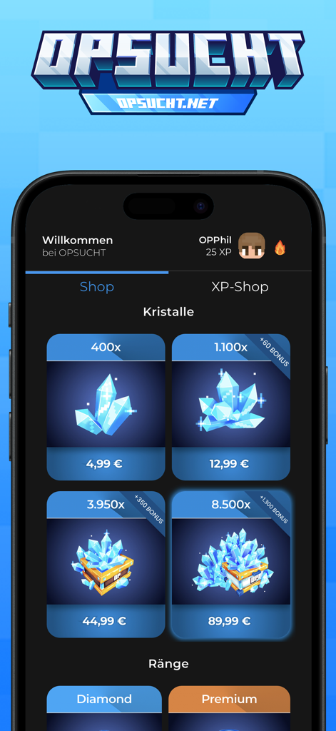 OPSUCHT - OPSUCHT app shop interface showing crystal currency packs and player ranks for the Minecraft server