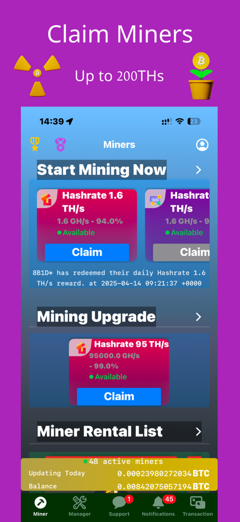 Oberfläche der Bitcoin Mining App, die den Bildschirm 'Miner beanspruchen' mit Hashrate-Optionen und dem BTC-Guthaben des Benutzers zeigt