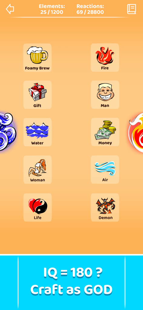 Doodle God: Alchemy Craft DIY - Interfaz del juego Doodle God mostrando una colección de elementos como fuego, agua y vida con un banner de desafío en la parte inferior.