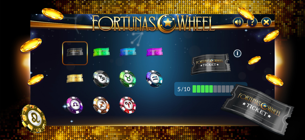 Lounge777 - A feature called Fortunas Wheel in the Lounge777 app displaying zodiac-themed casino chips and collectible tickets.