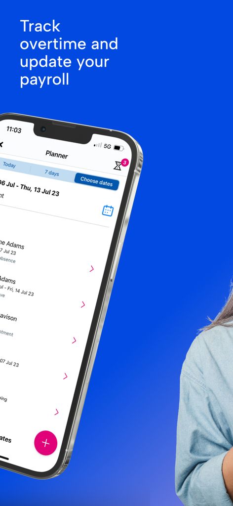 BrightHR - 残業を追跡し、給与計算を更新するためのプランナー画面を表示するBrightHRモバイルアプリのインターフェース