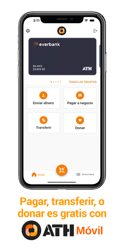 ATH Móvil - ATH Movil mobile app dashboard showing options for sending money paying businesses and making donations