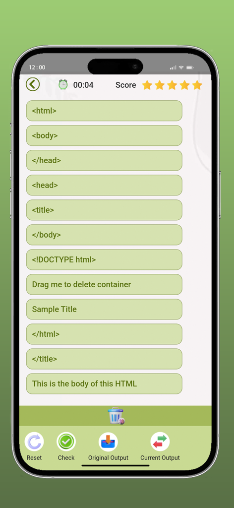 HTML Code Play - Mobile app interface showing a drag and drop puzzle for arranging HTML tags in the correct order
