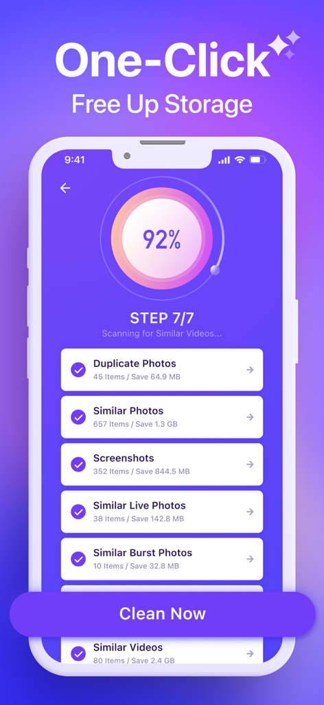 Space Cleaner-Clean Up Storage - Space Cleaner app interface showing storage categories like duplicate photos and screenshots with a Clean Now button.
