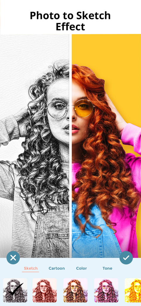 Drawing Apps Pencil Art apps - Side-by-side comparison of a colorful portrait and a pencil sketch effect in the Drawing Apps Pencil Art app.