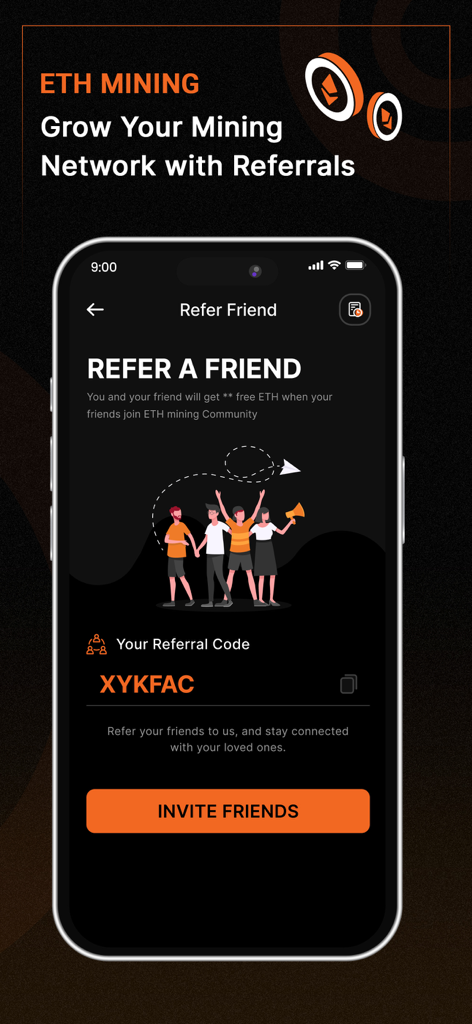 Ethereum Mining, ETH Miner - Ethereum Mining App Empfehlungsprogramm Bildschirm, der einen eindeutigen Empfehlungscode und die Schaltfläche Freunde einladen anzeigt