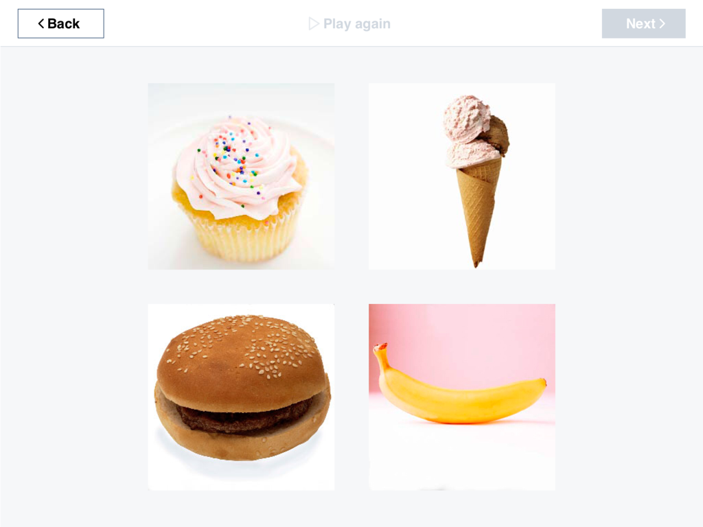 NIH Toolbox V3 cognitive assessment screen featuring images of a cupcake, ice cream, burger, and banana.