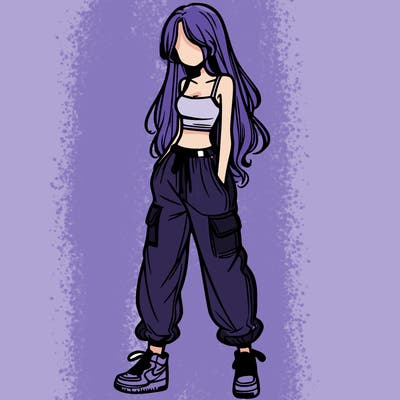 girl in baggy pants crop top and long hair
