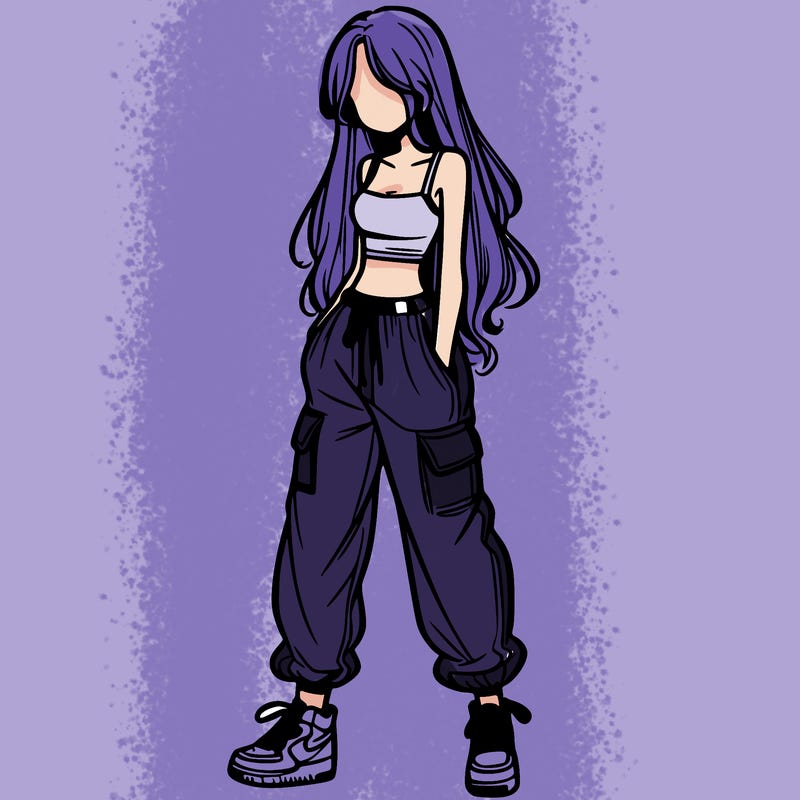 girl in baggy pants crop top and long hair