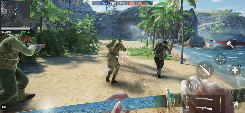 First-person gameplay of World War Heroes showing soldiers in tactical combat on a tropical beach.