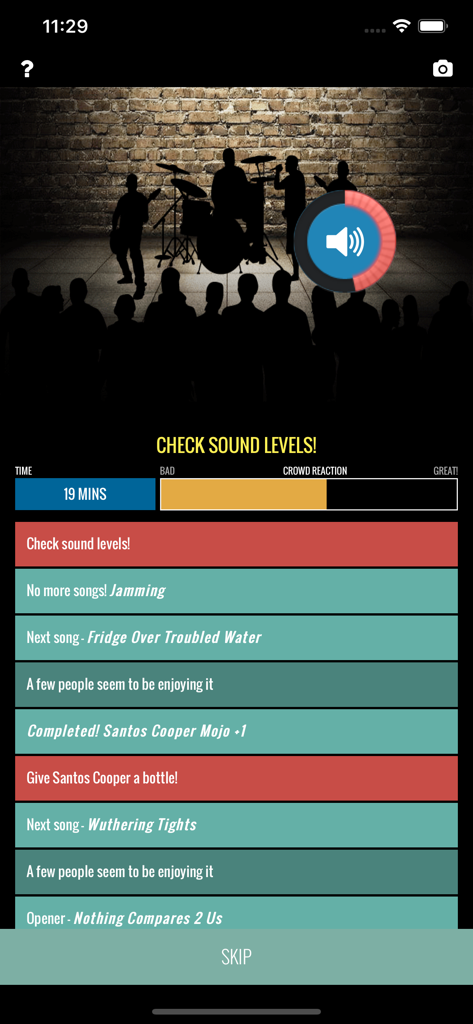 Superstar Band Manager - Pantalla del juego que muestra controles de nivel de sonido y medidor de reacción de la multitud durante una actuación de banda en vivo en Superstar Band Manager.