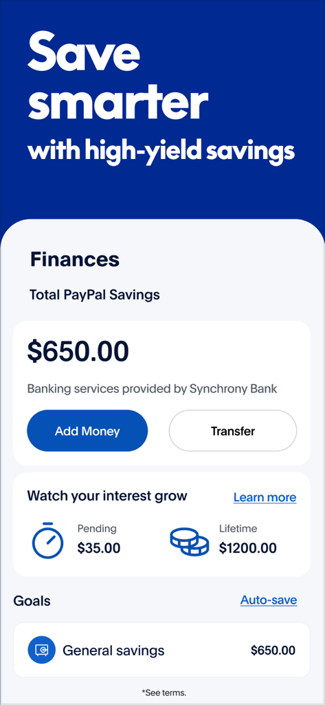 PayPalモバイルアプリ画面、高利回り貯蓄口座の残高と獲得利息を表示