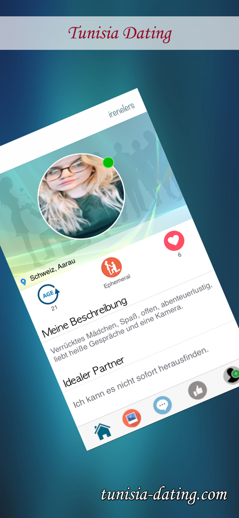 Tunisia Dating - Chat - A user profile view on the Tunisia Dating app featuring a profile picture and personal bio section