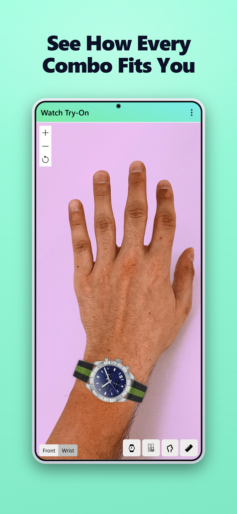 A smartphone screen displaying a virtual watch and strap trial on a human wrist using the Watch Try-On app