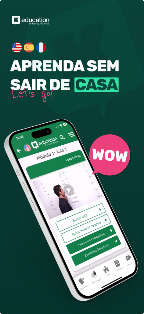 K.education - K.education app interface showing an English video lesson by Professor Kenny with options to download content and practice grammar.