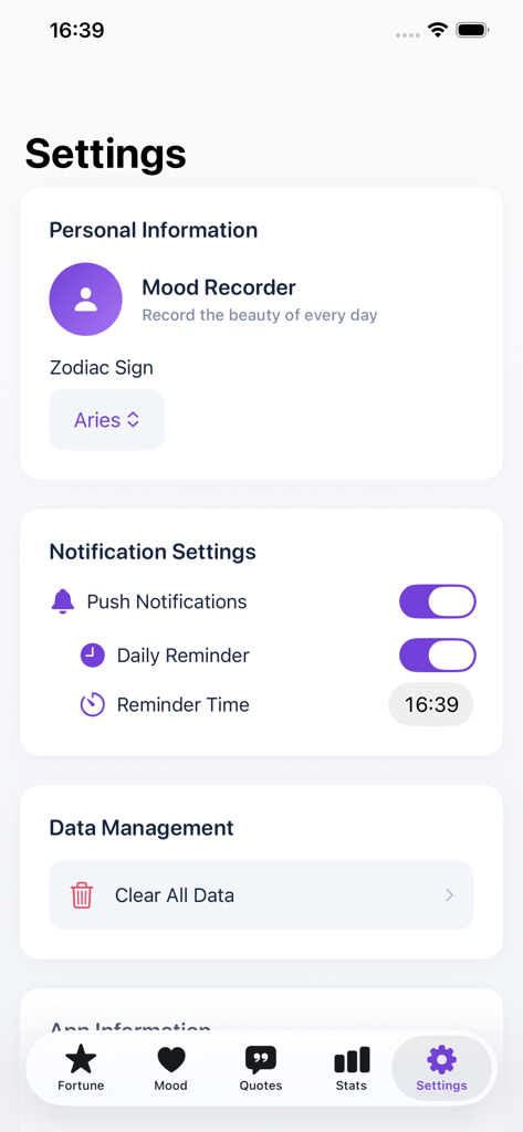 MoodCharm - MoodCharm app settings screen with notification toggles and zodiac sign selection