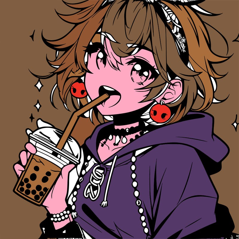 hot baddie anime girl drinking boba and biting the straw