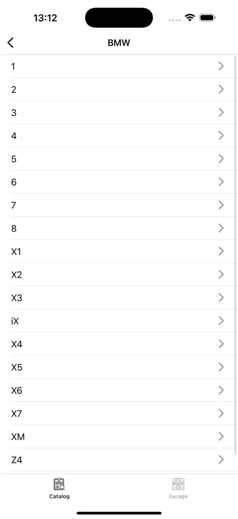 Liste des séries de voitures BMW dans l'application de catalogue de pièces