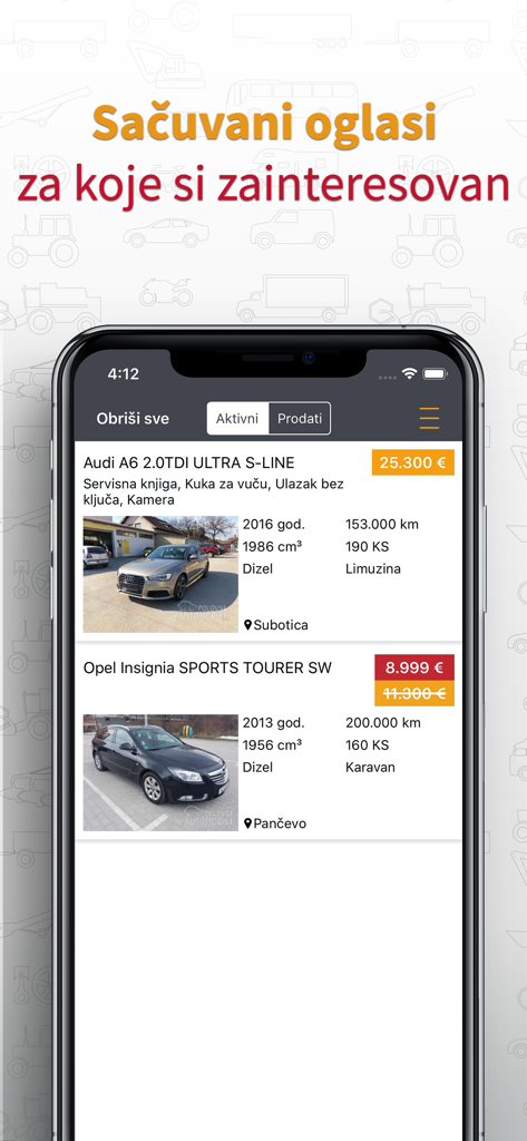 Interface of the PolovniAutomobili app showing a list of saved car advertisements