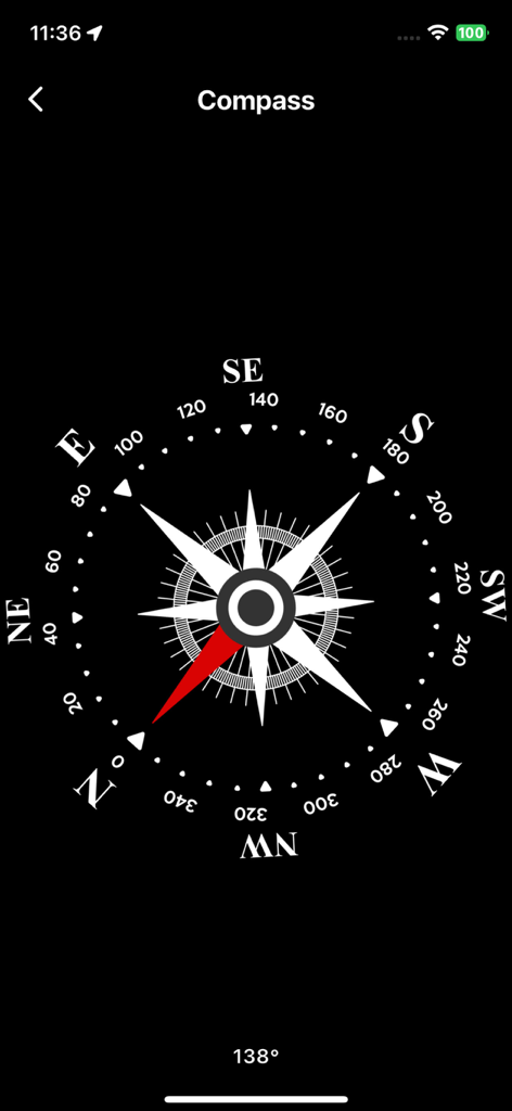 Phone Locator and Phone Finder - Interface de bússola digital em fundo preto mostrando 138 graus dentro do aplicativo Phone Locator