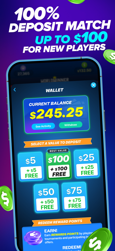 WorldWinner: Play for Cash - WorldWinner-App-Wallet-Bildschirm, der ein 100-prozentiges Einzahlungs-Match-Angebot bis zu 100 Dollar für neue Spieler zeigt