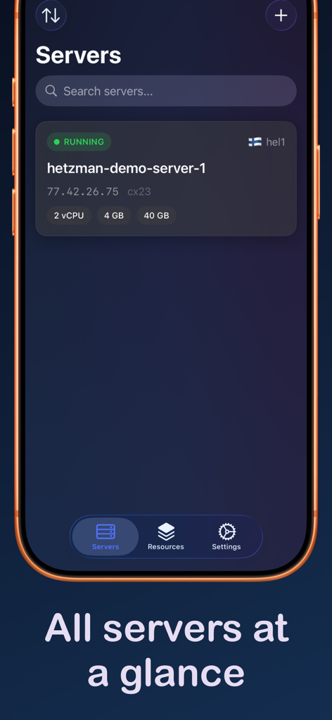 Dashboard view of the Hetzman app showing active cloud servers