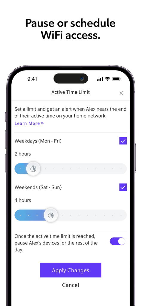 Rogers Xfinity app screen showing settings to set daily WiFi active time limits and parental controls.