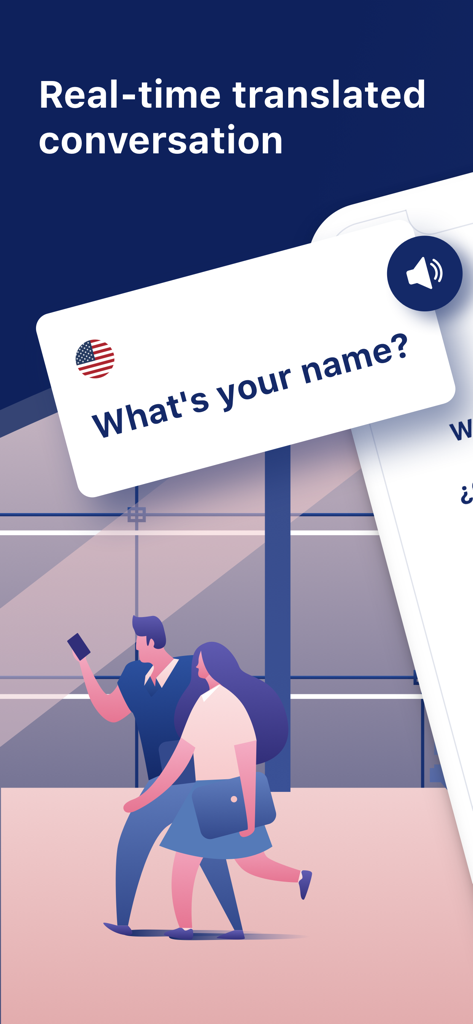Traductorアプリで「お名前は？」というフレーズのリアルタイム音声翻訳が表示されているインターフェース