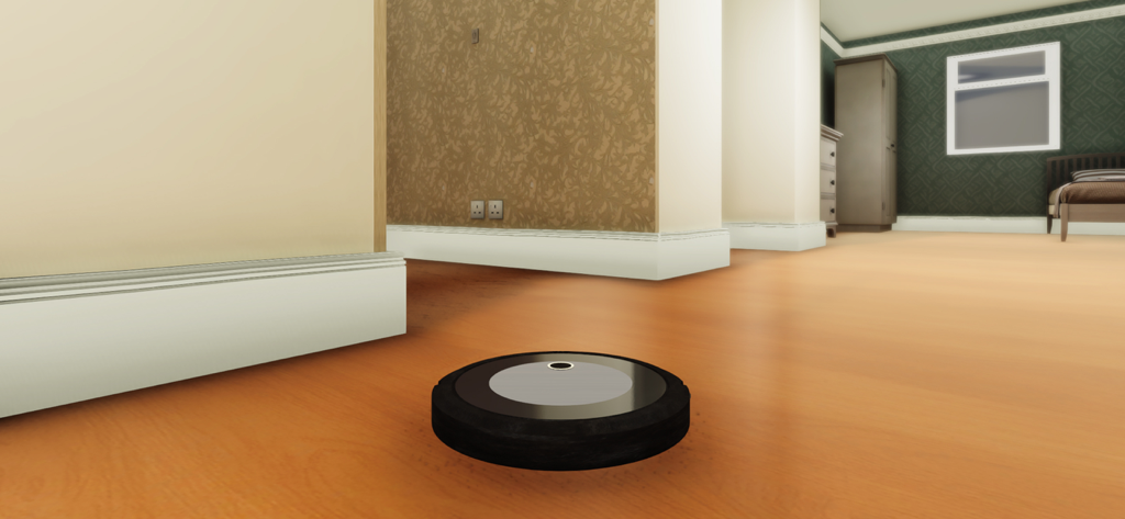 Robot Room Cleaner - A black robot vacuum cleaner navigating across a polished wooden floor in a modern home environment.